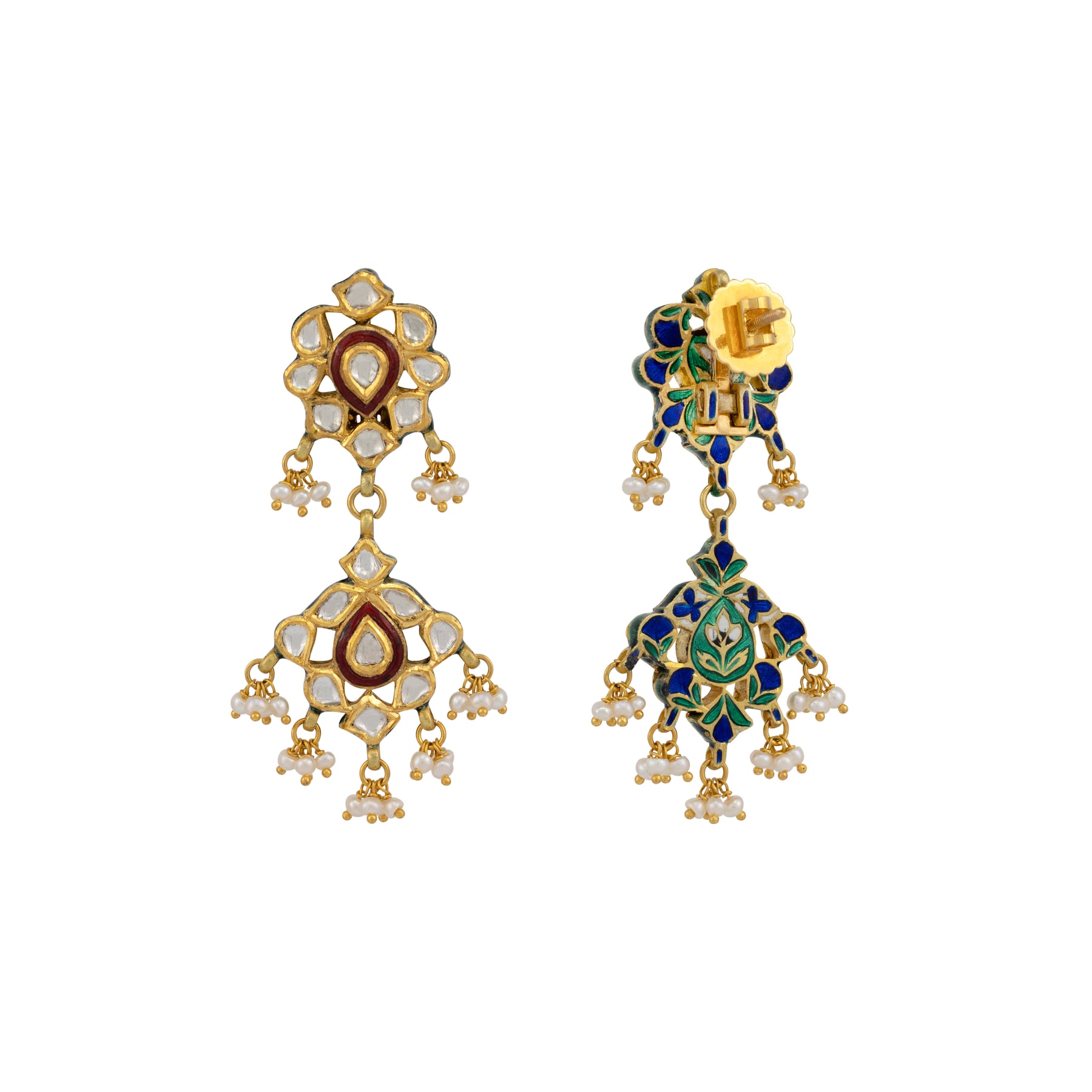 Polki Chandelier Earrings with Red Enamel and Pearl Clusters